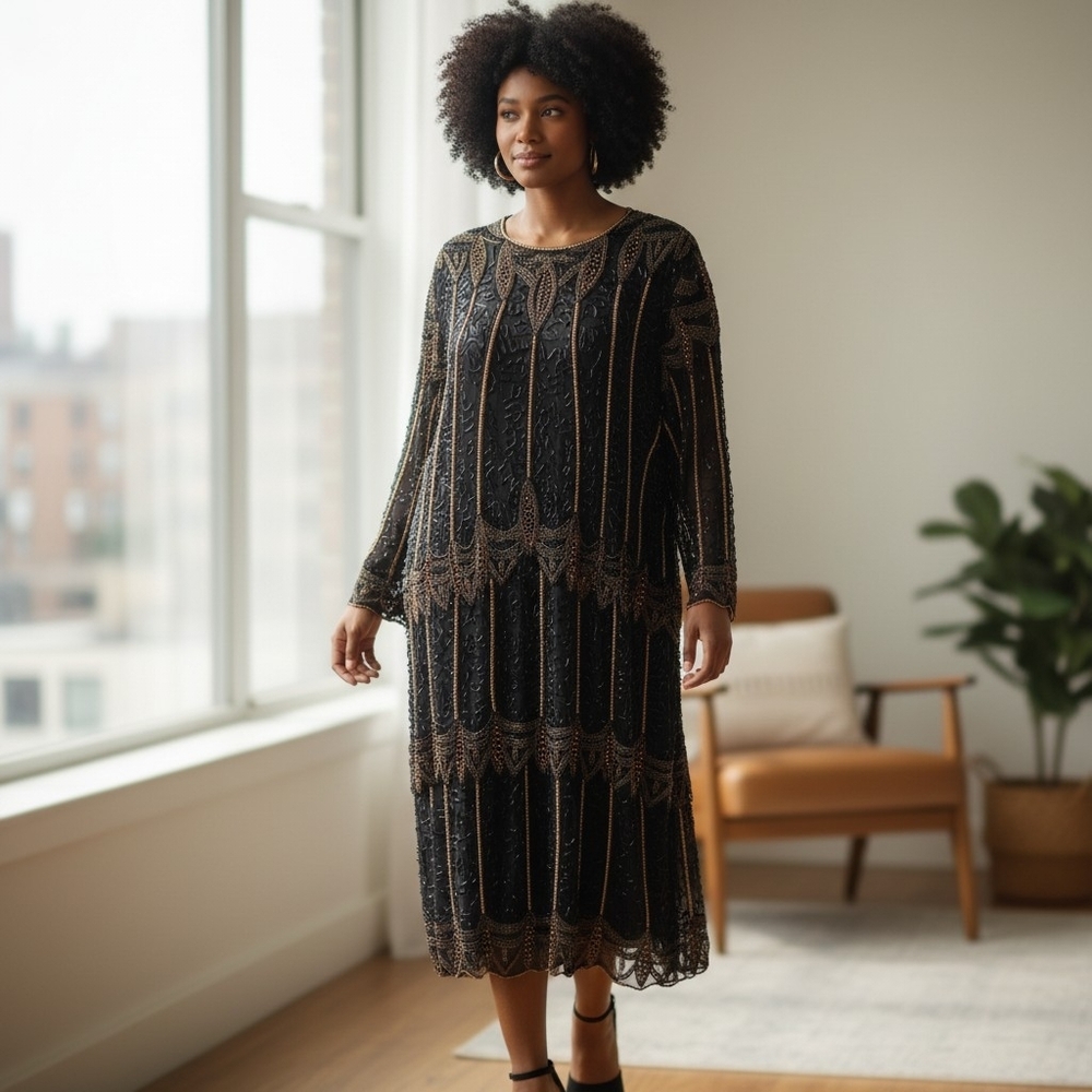 Vintage 80s does 20s heavy all beaded Black and Gold Layered Dress